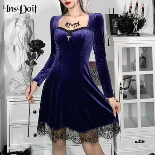 InsDoit Gothic Black Purple Autumn Dress For Women Velvet Vintage Harajuku Sexy Mini Dress Long Sleeve Elegant Party Club Dress