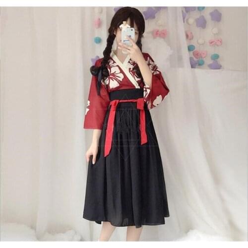 Japanese Kawaii Girls Style Kimono Dress for Women Floral Print Vintage Tea Party Asian Clothes Vestidos B287