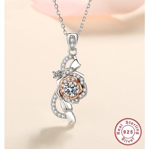 Geoki 925 Sterling Silver Perfect Cut Passed Diamond Test 0.5 Ct Rose Gold Romantic Flower Pendant Necklace Women Luxury Jewelry