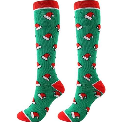 1 pair Compression Socks Knee High/Long Christmas Cap Tree Deer Striped Printed Polyester Nylon woman socks