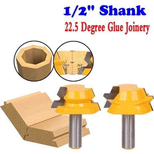 2pc Lock Miter Router 22.5 Degree Glue Joinery Router Bit Set - 1/2" Shank Woodworking cutter Tenon Cutter for Woodworking Tool