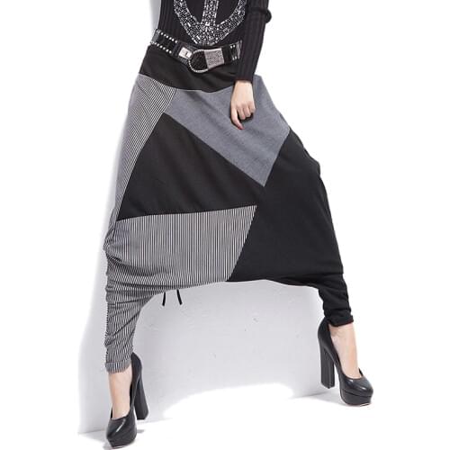 Patchwork Cross-pants Women Drop Crotch Hip Hop Long Pants Plus Size Unisex Men Casual Colour Block Stiped Drawstring Trouser