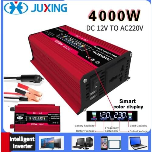 JUXING 4000W Peak Solar Car Power Inverter DC 12V to AC 220V with 2* USB Port Car Adapter with LCD Intelligent Display Converter