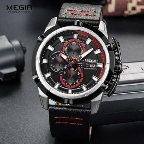 MEGIR Mens Racing Series Chronograph Quartz Watches Waterproof Leather Strap Luminous Army Sports Wristwatch for Man 2062GBK-1