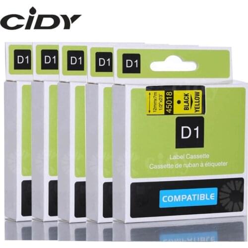 Cidy 5pcs Compatible Dymo Labelmanager 12mm D1 Black on Yellow 45018 Label Tape Cartridges for DYMO LM160 LM280 PNP