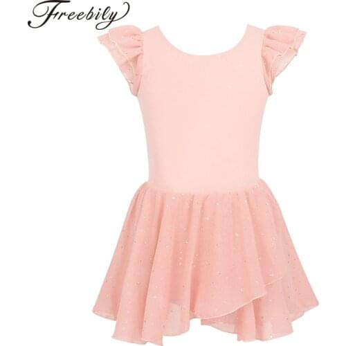 Kids Ruffled Sleeve Ballet Leotard Dress Glitters Ballerina Dance Costumes Gymnastics Leotard Tutu Dress for Girls Dance Wear