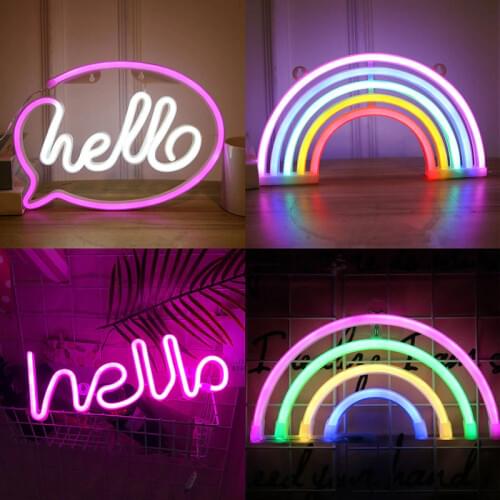 Hello Neon Light Battery & USB Powered Rainbow LED Wall Lights Store Greeting Signs Home Decor Party Wedding Shop Bar Night Lamp