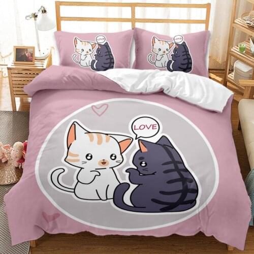 Cartoon Couple Cat Bedding Set Cute Cat Printing 3D Duvet Cover Set Double Queen Size Double Bed Size Pillowcase Bedding