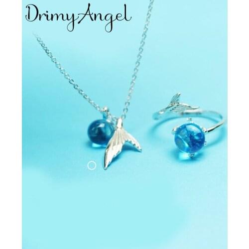 Korean Wedding Bridal Jewelry Sets Blue Crystal Mermaid Tail Fish Necklaces Rings for Women Statement Jewelry 2021