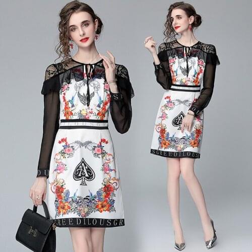 Summer new style womens long-sleeved floral retro printing long-sleeved lace stitching dress