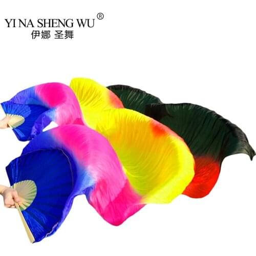 Real Silk/Imitation Silk Handmade Dyed Dance Fans Bamboo Ribs Silk Belly Dance Fans 1Pc Left hand+Right hand Dancing Fans 5Sizes