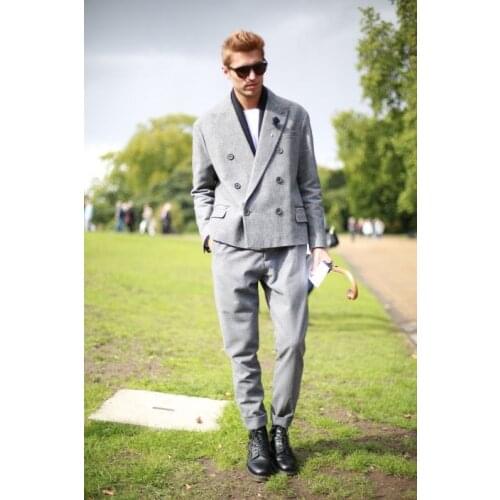 2017 Latest Coat Pant Designs Grey Tweed Double Breasted Wedding Suits for Men Stylish Terno Slim Fit 2 Piece Tuxedo Masculino