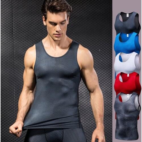 New 2021 Mens Compression Fitness Tights Tank Top Quickly Dry Sleeveless Gym Clothing Summer Workout Running Vest Sports Shirt