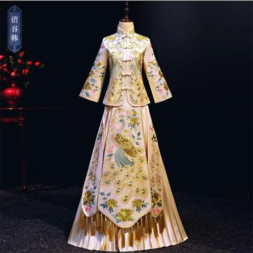 New Chinese Embroidery Wedding Dress Brides Wedding Dress Thickening Cheongsam Champagne Autumn and Winter