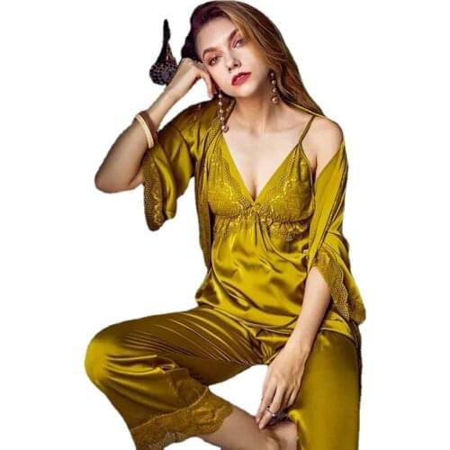 18811--b1 Long Sleeve Pajamas Autumn Ice Silk Long Sleeve Trousers Suit Printing Fashion Pyjamas Set