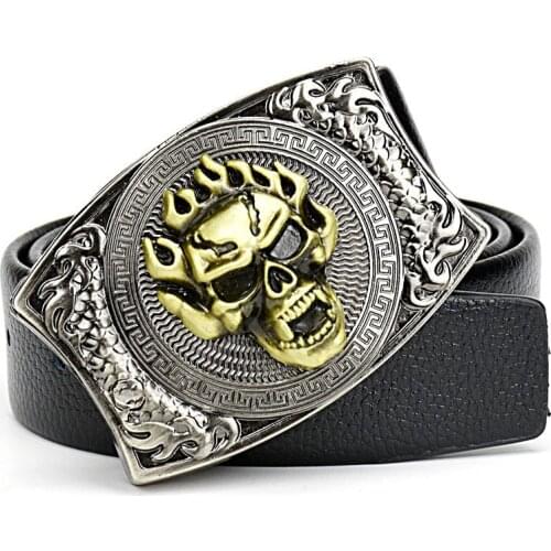 Plus Size 105-130cm Retro Animal Metal Buckles Punk Men Jeans Belt Black Luxury Strap for Man