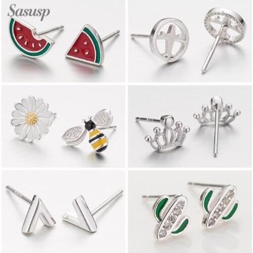 Sasusp Korean Style Flower Earrings Sterling Silver 925 for Women Girls Cute Bee Cactus Stud Earrings Daughter Gift 2021