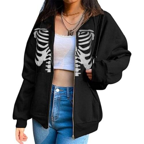 Hirigin Women Y2K Hoodies Sweatshirt Zip Up Skull Print Oversized Casual Long Sleeve Coat 90s E-Girl Vintage Jacket Tracksuit