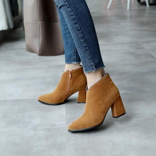Big Size Suede pointed, thick heel, high heel, side zipper, short cylinder, square heel and ankle fashion boots