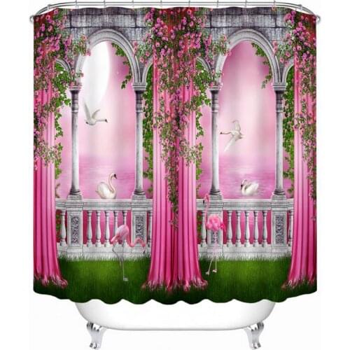 Forest Landscape Shower Curtains Dream Fairy Tale World Swan and Flamingo Bathroom Waterproof Polyester Bath Hanging Curtain