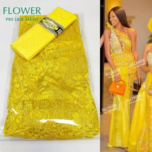Yellow New Style Gambia Net Tulle Lace With Bazin Riche Fabric White Senegal Germany Women Party Wedding Basin Riche Materials