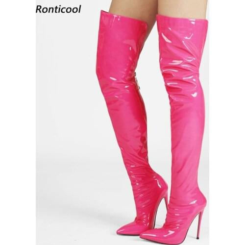 Ronticool Women Winter Shiny Over The Knee Boots Back Zipper Stiletto Heels Pointed Toe Fuchsia Purple Green Shoes Size 5-15