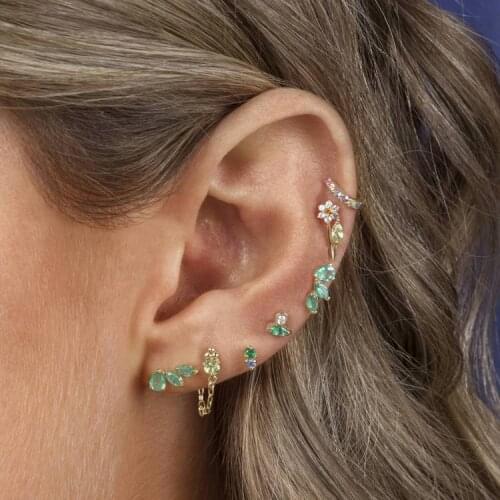 Multi Piercing Mini Small 925 Sterling Silver Women Earring Gold Plated Triple Green CZ Curved Bar Stud