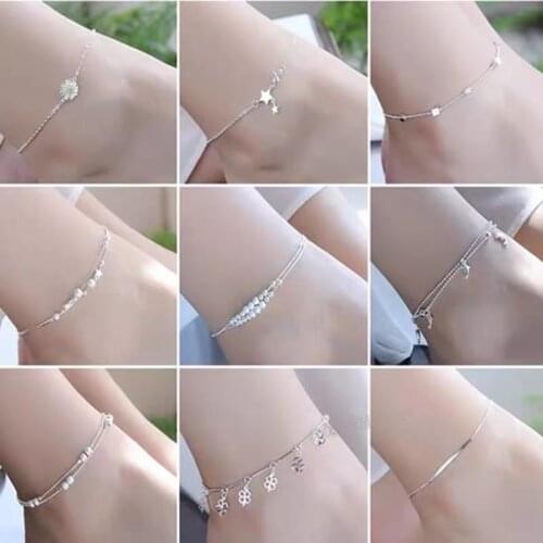 925 Sterling Silver Shiny Chains Anklet For Women Girls Ladies Foot Jewelry Leg Chain Bracelet Barefoot Jewelry Gift