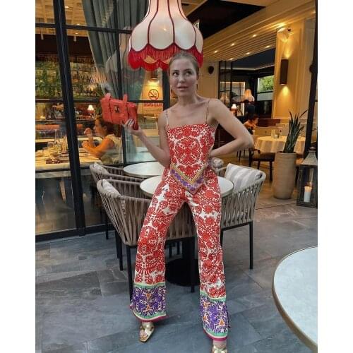 Women 2021 New Summer Two-Piece Set Vintage Flower Print Slim Tank Top Female Streetwear Elastic High Waist Pants Set