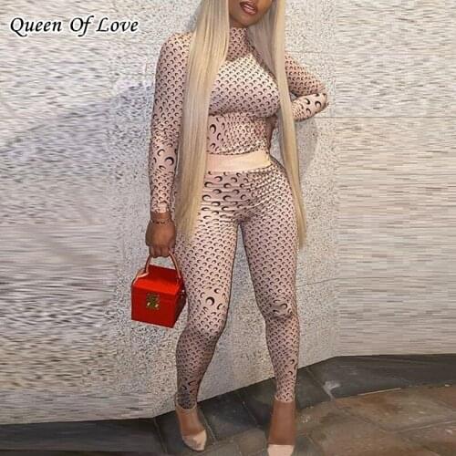 Moon Print Casual Fitness Outfit Sporty Women Bodycon Tracksuit Autumn Winter Crop Tops Leggings 2 Two Piece Pant Suit Female