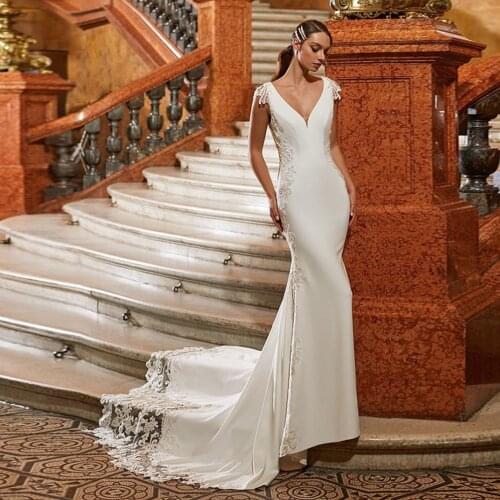 Vestidos De Novia Satin Mermaid Wedding Dress Backless Robes De Mariage Simple Hochzeitskleid V-Neck Abito Da Sposa Bridal Gown