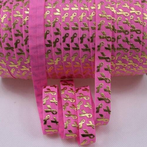 5/8" breast cancer awareness symbol printed fold over elastic #156-hot pink for health awareness hair tie