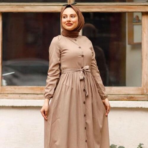 ‎Waist Ruffle Hijab Dress Muslim Abaya Kaftan Caftan İslamic Clothing Maxi Dress Long Sleeves Turkey Dubai 2021 Women Fashion