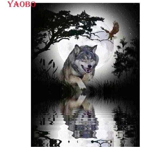 Wolf reflection moon night landscape diamond painting cross stitch 5d diy full square round diamond embroidery mosaic decor art