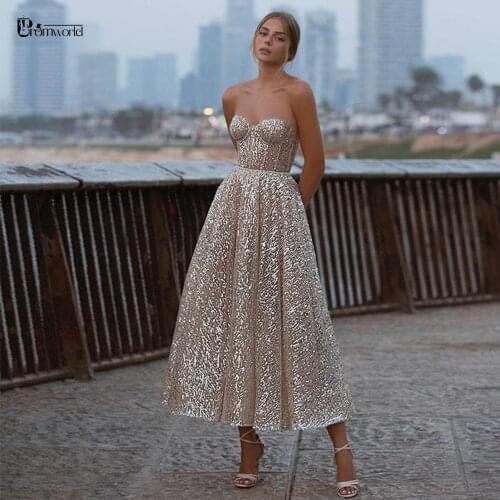 Sparkling Gold Sequin A Line Prom Dresses Short Sweetheart Backless Ankle Length Evening Gowns 2021 Women Formal Party Dress