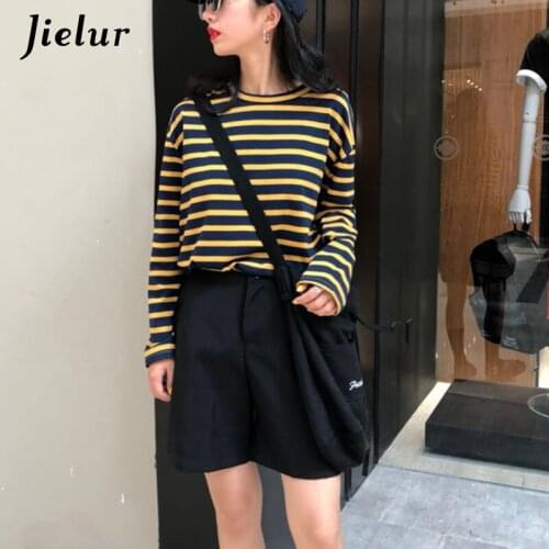 Jielur Summer Spring Korean T-shirt Women Girlfriends Yellow Stripe Chic Long Sleeve O-Neck T-shirts Ulzzang Tee Shirt Top Femme