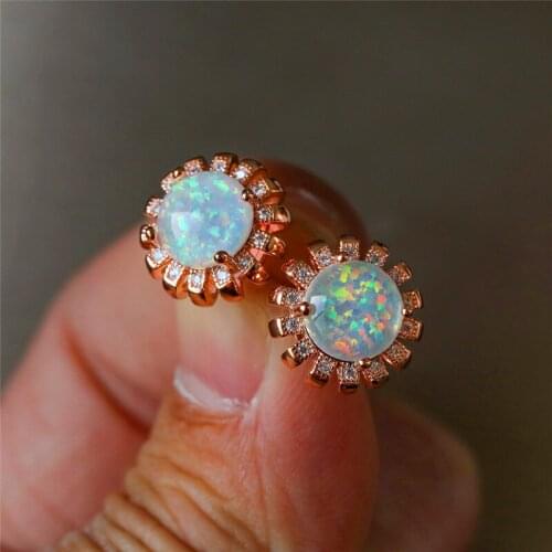 Boho Female Round White Opal Earrings Dainty Rainbow Flower Stud Earrings For Women Trendy Vintage Rose Gold Wedding Earrings