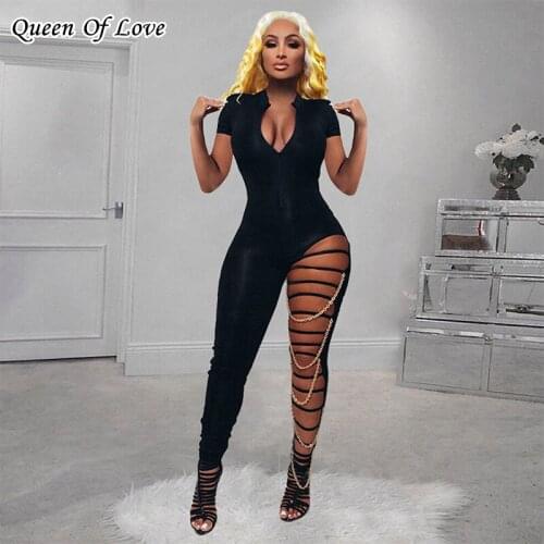 Sexy Jumpsuit Women Summer 2021 New Fashion Elegant Club Party Short Sleeve Half Zipper Hollow Cut Out Chain Romper Outfit