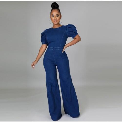 Casual Simple Womens One Piece Overalls Early Autumn Short Puff Sleeve Denim Jumpsuit Vintage Backless Zipper Flare Rompers
