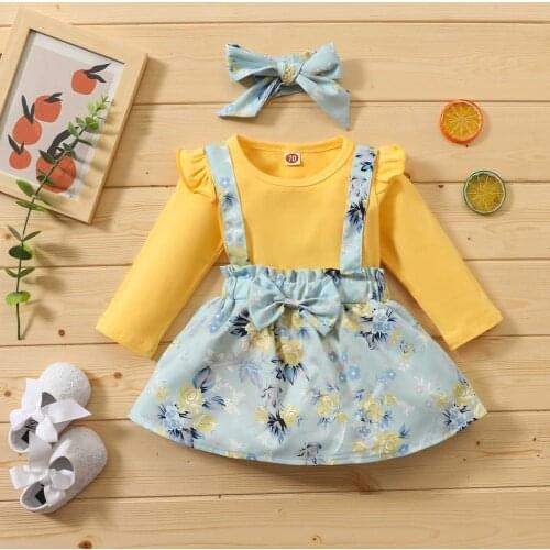 Newborn Baby Girl Suit Ruffle Sleeve Long Sleeve Floral Print Short Skirt Headband Suit Girls Outfits Toddler Girls Clothing