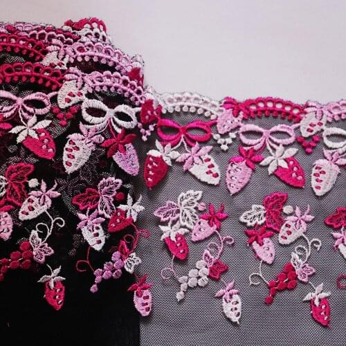 1Meter 19.5CM Wide PInk Red Strawberr Embroidered Lace Trim Black Mesh Fabric For Lingerie Underwear Bra Dolls Dress Handmade