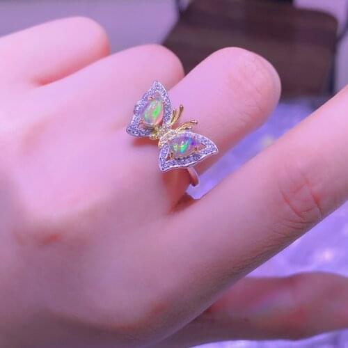 Natural Color Opal Butterfly Ring Transparent Jewelry S925 925 Sterling Silver Mosaic Size Can Be Adjusted Wholesal Anillos