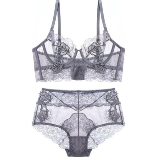 Sexy Lace French Underwear Suit Sponge-Free Hollow out See-through Ultra-Thin Bra Small Breast Push up Bra Suit