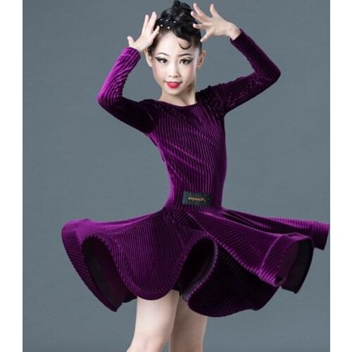 Latin Dance Dress Full Sleeve Velvet Skirts for Girl Kids Dance Costume Autumn Winter Ballroom Tango Salsa Vestidos Women Stage