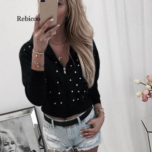 Hot Women Hooded Jackets Beaded Zip Jackets Female Long Sleeve Casual Tops