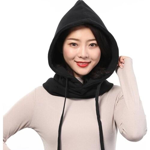 Winter Cotton Hat Women Warm Thick Ear Neck Protection Hat Female 2 Layer Hooded Collar Removable Drawstring Cap