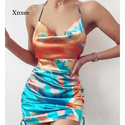 Tie Dye Print Satin Spaghetti Strap Mini Dress Women Fashion Drawstring Dress Casual Elegant Sexy Chic Bodycon Y2K Clothing 2021