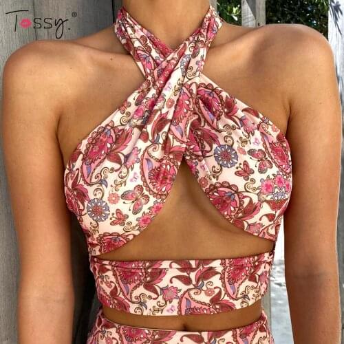 Tossy Paisley Printed Halter Bandage Tops For Women Sexy Backless Slim Top Club Party Chic High Street Wrap Summer Corset Top