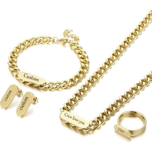 Custom Jewelry Set Personalized Name Pendant Necklace Earrings Rings Bracelet 4 pcs 1 Set Stainless steel Chains For Woman