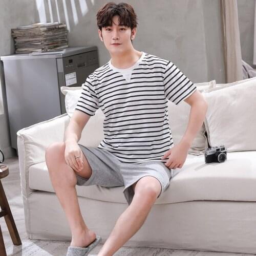Male Nightwear Suit Summer Cotton Short Sleeve Pajamas Striped Pattern Homewear Men Plus Size M-3XL Cotton Pijamas Hombre